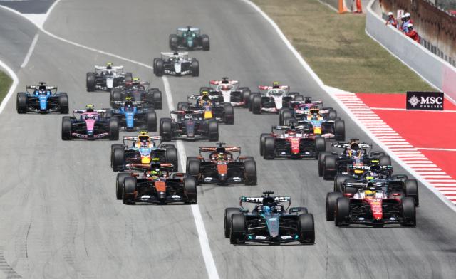 Mercedes' British driver George Russell leads the race during the Catalonia Formula One Grand Prix at the Circuit de Catalunya in Montmelo, on the outskirts of Barcelona, on June 14, 2026. (Photo by Josep LAGO / AFP)