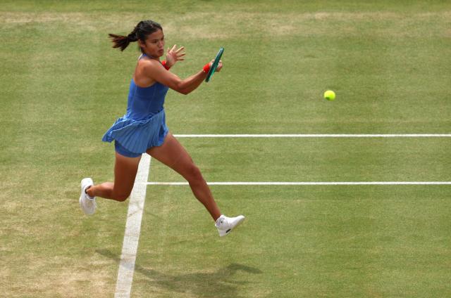 TOPSHOT - Britain's Emma Raducanu returns against Croatia's Donna Vekic during their women's singles final tennis match at the HSBC WTA Championships at Queen's Club in west London on June 14, 2026. (Photo by Adrian Dennis / AFP)