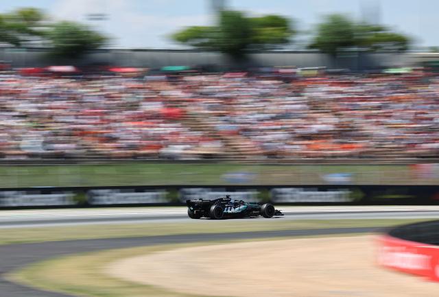 Mercedes' British driver George Russell leads the race during the Catalonia Formula One Grand Prix at the Circuit de Catalunya in Montmelo, on the outskirts of Barcelona, on June 14, 2026. (Photo by Josep LAGO / AFP)