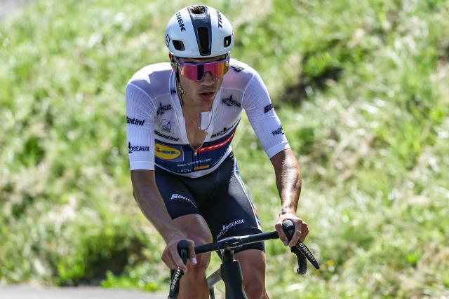 Lidl-Trek's Spanish rider Juan Ayusocycles in a breakaway during the 8th and final stage of the Tour Auvergne-Rhone-Alpes cycling race (formerly known as the Criterium du Dauphine), 120,1km between Beaufort and Plateau de Solaison, in the French Alps on June 14, 2026. (Photo by Anne-Christine POUJOULAT / AFP)