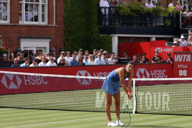 Britain's Emma Raducanu reacts against Croatia's Donna Vekic during their women's singles final tennis match at the HSBC WTA Championships at Queen's Club in west London on June 14, 2026. (Photo by Adrian Dennis / AFP)