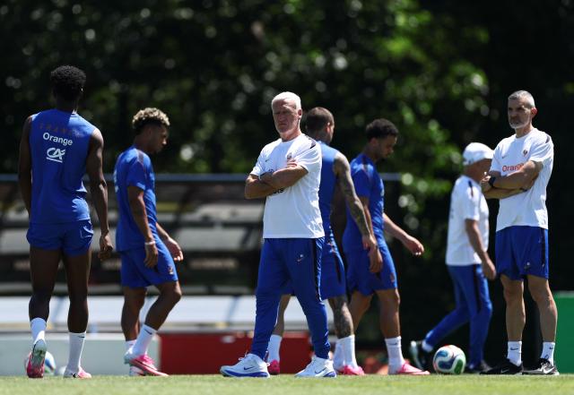 France's head coach Didier Deschamps gestures during a training session at Bentley University, the team's base camp, during the 2026 World Cup football tournament in Waltham, near Boston, on June 14, 2026. (Photo by FRANCK FIFE / AFP)