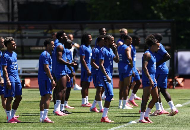 France players attend a training session at Bentley University, the team's base camp, during the 2026 World Cup football tournament in Waltham, near Boston, on June 14, 2026. (Photo by FRANCK FIFE / AFP)