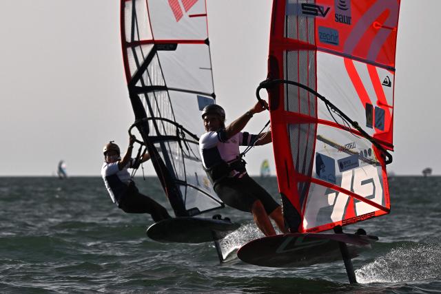 French windsurfer and 27-times world champion Antoine Albeau (R) rides his board during the 4th edition of the Antoine Albeau Series off La Couarde-sur-Mer on the Re island, southwestern France on June 14, 2026. (Photo by Christophe ARCHAMBAULT / AFP)