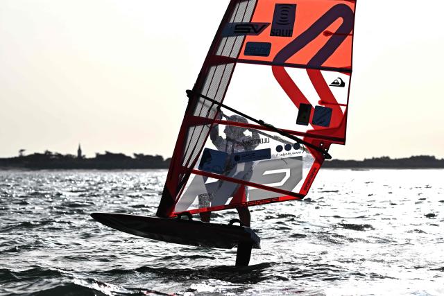 French windsurfer and 27-times world champion Antoine Albeau rides his board during the 4th edition of the Antoine Albeau Series off La Couarde-sur-Mer on the Re island, southwestern France on June 14, 2026. (Photo by Christophe ARCHAMBAULT / AFP)