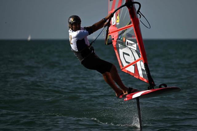 French windsurfer and 27-times world champion Antoine Albeau rides his board during the 4th edition of the Antoine Albeau Series off La Couarde-sur-Mer on the Ré island, southwestern France on June 14, 2026. (Photo by Christophe ARCHAMBAULT / AFP)
