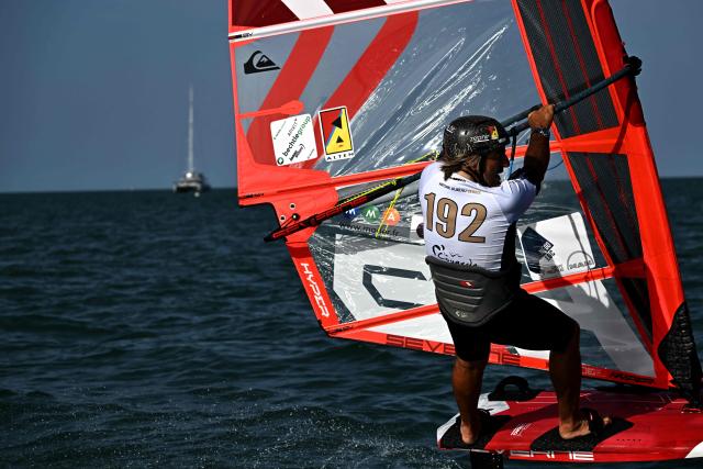 French windsurfer and 27-times world champion Antoine Albeau rides his board during the 4th edition of the Antoine Albeau Series off La Couarde-sur-Mer on the Ré island, southwestern France on June 14, 2026. (Photo by Christophe ARCHAMBAULT / AFP)