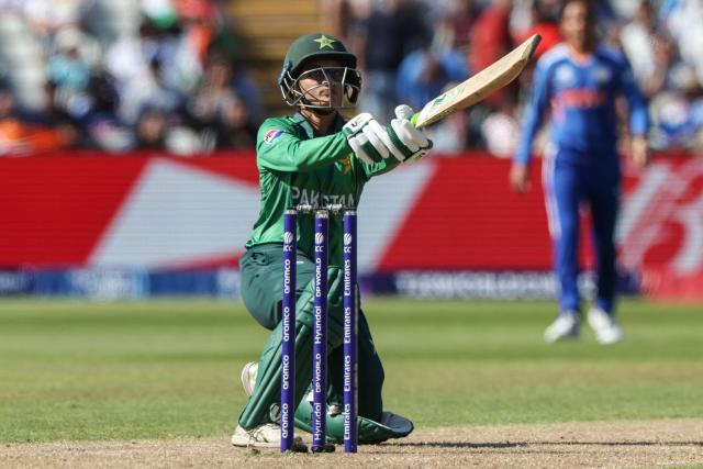 Pakistan's Muneeba Ali bats during the ICC Women's T20 cricket World Cup 2026 Group A stage, Match 6 match between the India and Pakistan at Edgbaston cricket ground in Birmingham, central England on June 14, 2026. (Photo by Darren Staples / AFP)