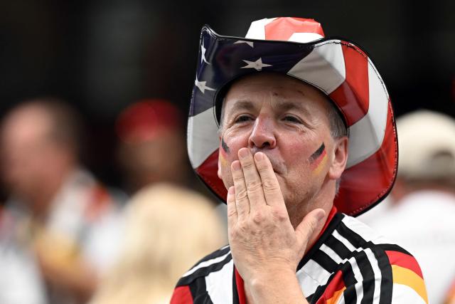 A Germany supporter poses ahead of the 2026 World Cup Group E football match between Germany and Curacao at the Houston Stadium in Houston on June 14, 2026.  (Photo by Paul ELLIS / AFP)