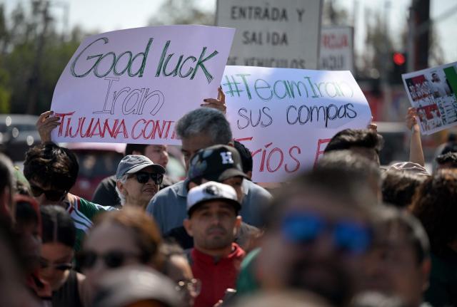 Iran fans wait for the team to leave for US at the Marriott Hotel in Tijuana, Mexico, on June 14, 2026, on the eve of their 2026 World Cup Group G match against New Zealand. (Photo by Guillermo Arias / AFP)