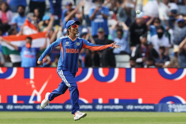 India's Jemimah Rodrigues celebrates after taking the wicket of Pakistan's Tasmia Rubab during the ICC Women's T20 cricket World Cup 2026 Group A stage, Match 6 match between the India and Pakistan at Edgbaston cricket ground in Birmingham, central England on June 14, 2026. (Photo by Darren Staples / AFP)