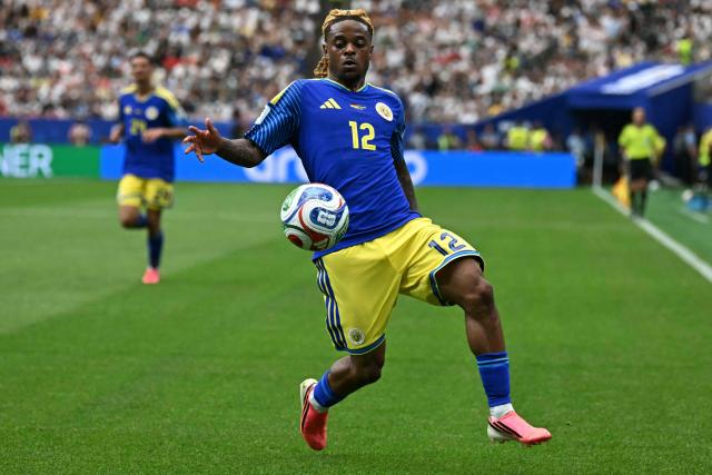 Curacao's forward #12 Sontje Hansen controls the ball during the 2026 World Cup Group E football match between Germany and Curacao at the Houston Stadium in Houston on June 14, 2026.  (Photo by Paul ELLIS / AFP)