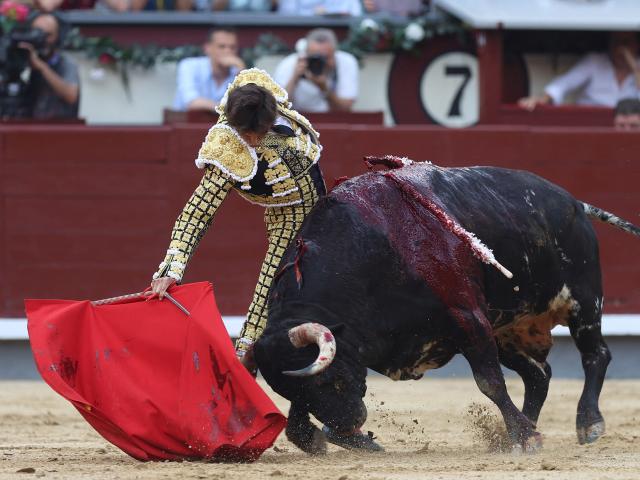 Peruvian bullfighter Andres Roca Rey performs a pass to a bull during a charity bullfight at Las Ventas bullring in Madrid on June 14, 2026. (Photo by ALBERTO SIMON / AFP)