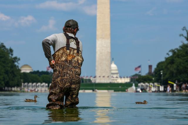 National Park Service workers push algae towards an aeration area in the center of the Lincoln Memorial Reflecting Pool following the completion of recent renovations in Washington, DC, on June 14, 2026. The reflecting pool project, undertaken as part of President Donald Trump’s preparations for the nation’s 250th anniversary, began in April and was completed last week. (Photo by Ken CEDENO / AFP)