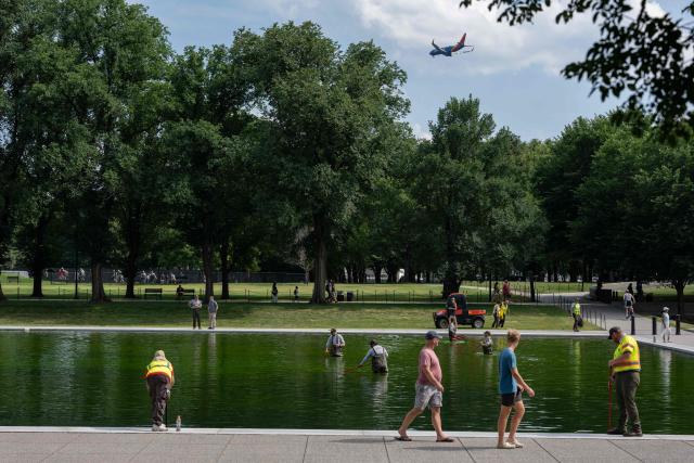National Park Service workers push algae towards an aeration area in the center of the Lincoln Memorial Reflecting Pool following the completion of recent renovations in Washington, DC, on June 14, 2026. The reflecting pool project, undertaken as part of President Donald Trump’s preparations for the nation’s 250th anniversary, began in April and was completed last week. (Photo by Ken CEDENO / AFP)