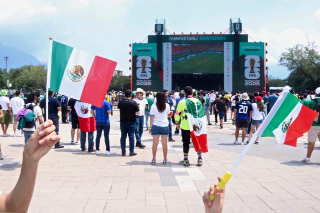 Fans watch the FIFA World Cup match between the Netherlands and Japan on a screen at the fan fest in Monterrey, Nuevo Leon state, Mexico, on June 14, 2026. (Photo by Julio Cesar SALAZAR / AFP)