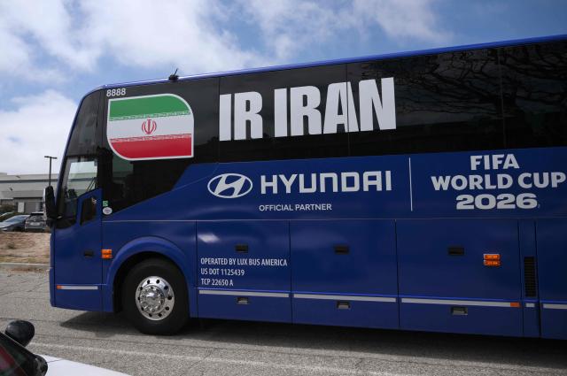 The bus carrying the Iran's national football team leaves Los Angeles International Airport on June 14, 2026, on the eve of the 2026 World Cup football match between Iran and New Zealand.  (Photo by Patrick T. Fallon / AFP)