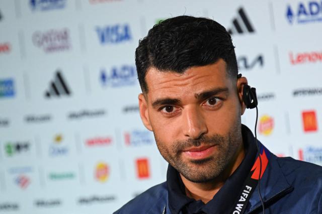 Iran's forward #09 Mehdi Taremi gives a press conference at Los Angeles Stadium in Inglewood on June 14, 2026, on the eve of the 2026 World Cup football match between Iran and New Zealand. (Photo by Patrick T. FALLON / AFP)