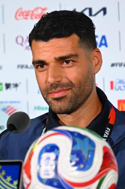 Iran's forward #09 Mehdi Taremi gives a press conference at Los Angeles Stadium in Inglewood on June 14, 2026, on the eve of the 2026 World Cup football match between Iran and New Zealand. (Photo by Patrick T. FALLON / AFP)