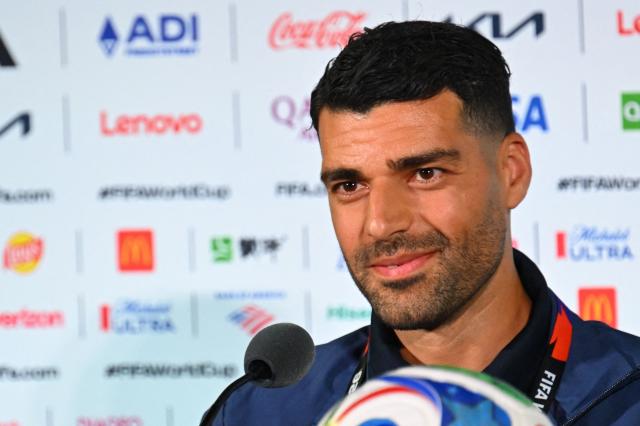 Iran's forward #09 Mehdi Taremi gives a press conference at Los Angeles Stadium in Inglewood on June 14, 2026, on the eve of the 2026 World Cup football match between Iran and New Zealand. (Photo by Patrick T. FALLON / AFP)
