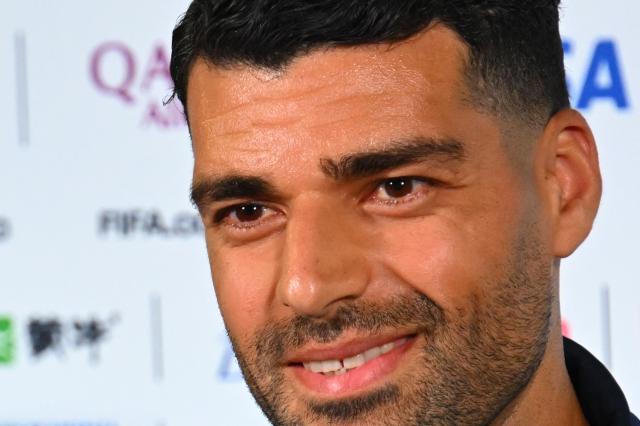 Iran's forward #09 Mehdi Taremi gives a press conference at Los Angeles Stadium in Inglewood on June 14, 2026, on the eve of the 2026 World Cup football match between Iran and New Zealand. (Photo by Patrick T. FALLON / AFP)