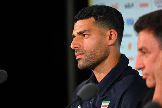 Iran's forward #09 Mehdi Taremi gives a press conference at Los Angeles Stadium in Inglewood on June 14, 2026, on the eve of the 2026 World Cup football match between Iran and New Zealand. (Photo by Patrick T. FALLON / AFP)