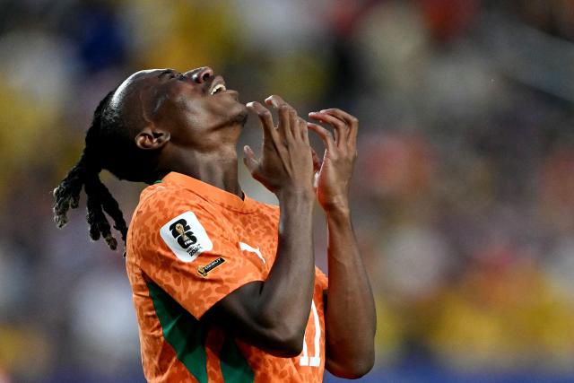 Ivory Coast's forward #11 Yan Diomande reacts after failing to score during the 2026 World Cup Group E football match between Ivory Coast and Ecuador at the Philadelphia Stadium in Philadelphia on June 14, 2026.  (Photo by MAURO PIMENTEL / AFP)