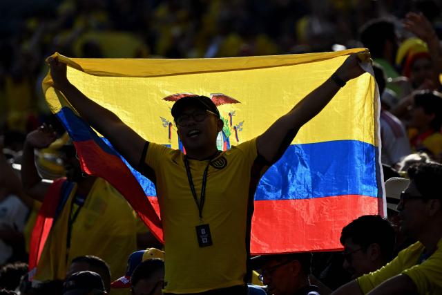 An Ecuadorian fan shows a national flag as he cheers for his team during the 2026 World Cup Group E football match between Ivory Coast and Ecuador at the Philadelphia Stadium in Philadelphia on June 14, 2026.  (Photo by MAURO PIMENTEL / AFP)
