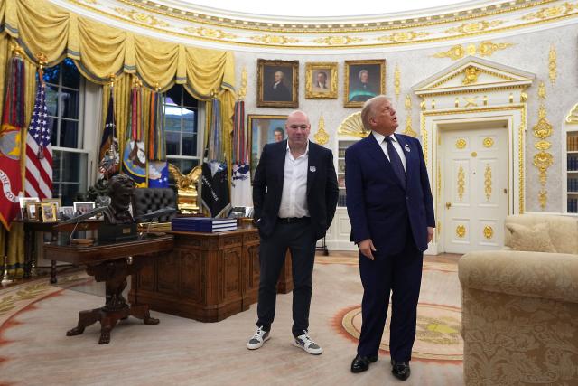 US President Donald Trump and UFC CEO Dana White stand in the Oval Office of the White House, before the start of the "UFC Freedom 250" mixed martial arts event on the South Lawn of the White House in Washington, DC, June 14, 2026. (Photo by Al Drago / POOL / AFP)