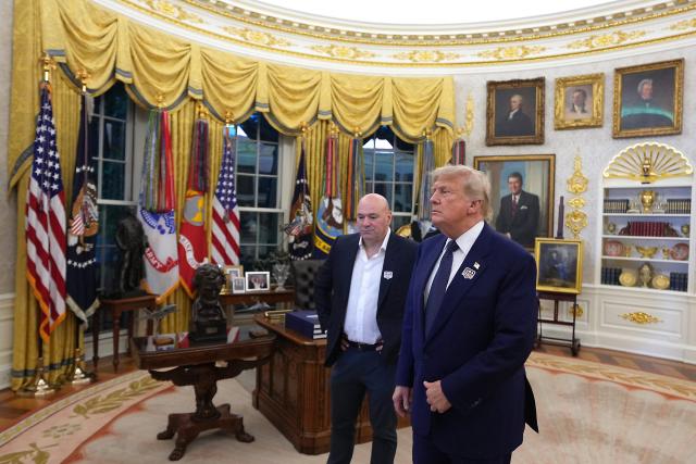 US President Donald Trump and UFC CEO Dana White stand in the Oval Office of the White House, before the start of the "UFC Freedom 250" mixed martial arts event on the South Lawn of the White House in Washington, DC, June 14, 2026. (Photo by Al Drago / POOL / AFP)