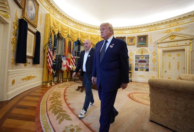 US President Donald Trump and UFC CEO Dana White walk out of the Oval Office of the White House, before the start of the "UFC Freedom 250" mixed martial arts event on the South Lawn of the White House in Washington, DC, June 14, 2026. (Photo by Al Drago / POOL / AFP)
