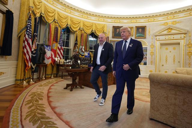 US President Donald Trump and UFC CEO Dana White walk out of the Oval Office of the White House, before the start of the "UFC Freedom 250" mixed martial arts event on the South Lawn of the White House in Washington, DC, June 14, 2026. (Photo by Al Drago / POOL / AFP)