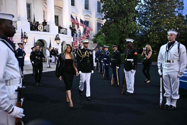 US First Lady Melania Trump arrives ahead of the "UFC Freedom 250" mixed martial arts event on the South Lawn of the White House in Washington, DC, June 14, 2026. (Photo by Brendan SMIALOWSKI / AFP)