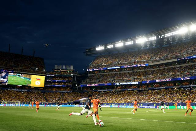 Ecuador's defender #17 Angelo Preciado kicks the ball past Ivory Coast's defender #03 Ghislain Konan during the 2026 World Cup Group E football match between Ivory Coast and Ecuador at the Philadelphia Stadium in Philadelphia on June 14, 2026.  (Photo by CHARLY TRIBALLEAU / AFP)