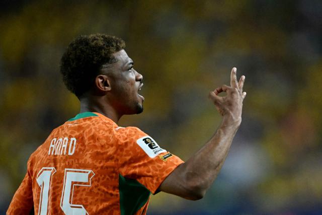Ivory Coast's forward #15 Amad Diallo celebrates scoring his team's first goal during the 2026 World Cup Group E football match between Ivory Coast and Ecuador at the Philadelphia Stadium in Philadelphia on June 14, 2026.  (Photo by MAURO PIMENTEL / AFP)