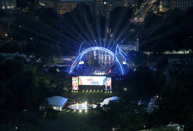 The UFC Freedom 250 is seen on the South Lawn of the White House from the top of the Washington Monument, in Washington, DC, on June 14, 2026. (Photo by Win McNamee / POOL / AFP)