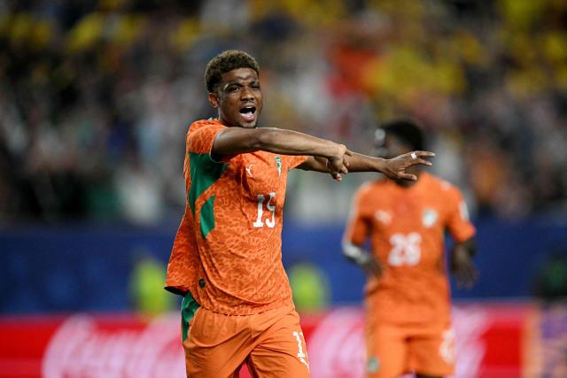 Ivory Coast's forward #15 Amad Diallo celebrates scoring his team's first goal during the 2026 World Cup Group E football match between Ivory Coast and Ecuador at the Philadelphia Stadium in Philadelphia on June 14, 2026.  (Photo by MAURO PIMENTEL / AFP)