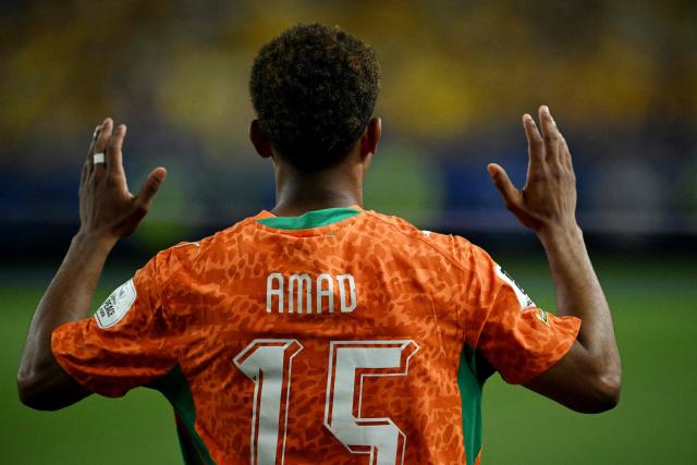 Ivory Coast's forward #15 Amad Diallo celebrates scoring his team's first goal during the 2026 World Cup Group E football match between Ivory Coast and Ecuador at the Philadelphia Stadium in Philadelphia on June 14, 2026.  (Photo by MAURO PIMENTEL / AFP)