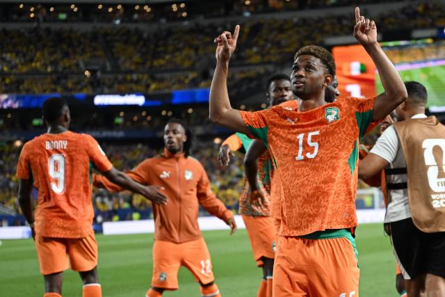 Ivory Coast's forward #15 Amad Diallo celebrates scoring his team's first goal during the 2026 World Cup Group E football match between Ivory Coast and Ecuador at the Philadelphia Stadium in Philadelphia on June 14, 2026.  (Photo by MAURO PIMENTEL / AFP)