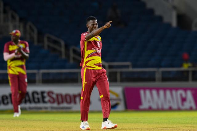 Shamar Joseph of West Indies celebrates the dismissal of Pathum Nissanka of Sri Lanka during the third Twenty20 (T20) international cricket match between West Indies and Sri Lanka at Sabina Park in Kingston, Jamaica, on June 14, 2026. (Photo by Randy Brooks / AFP)