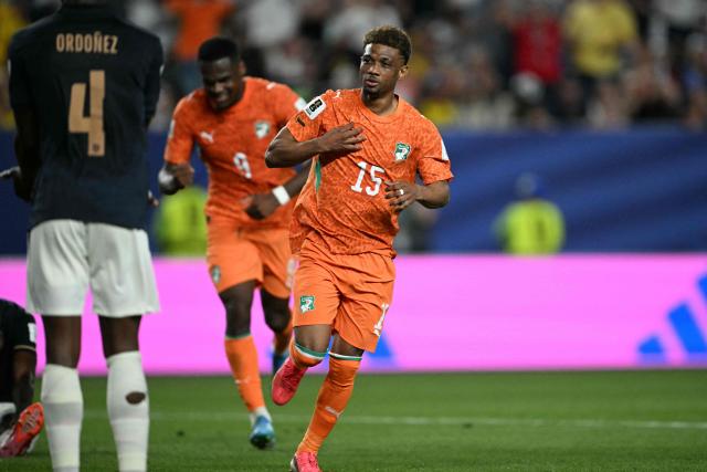Ivory Coast's forward #15 Amad Diallo celebrates scoring his team's first goal during the 2026 World Cup Group E football match between Ivory Coast and Ecuador at the Philadelphia Stadium in Philadelphia on June 14, 2026.  (Photo by MAURO PIMENTEL / AFP)