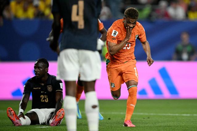 Ivory Coast's forward #15 Amad Diallo celebrates scoring his team's first goal during the 2026 World Cup Group E football match between Ivory Coast and Ecuador at the Philadelphia Stadium in Philadelphia on June 14, 2026.  (Photo by MAURO PIMENTEL / AFP)