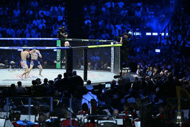 US President Donald Trump and First Lady Melania Trump, along with Ultimate Fighting Championship President and CEO Dana White, joined by Eric Trump and Donald Trump Jr. seated behind them, watch mixed martial artists Brazil’s Diego Lopes and US fighter Steve Garcia compete in their featherweight bout during the “UFC Freedom 250” mixed martial arts event on the South Lawn of the White House in Washington, DC, on June 14, 2026. (Photo by Brendan SMIALOWSKI / AFP)