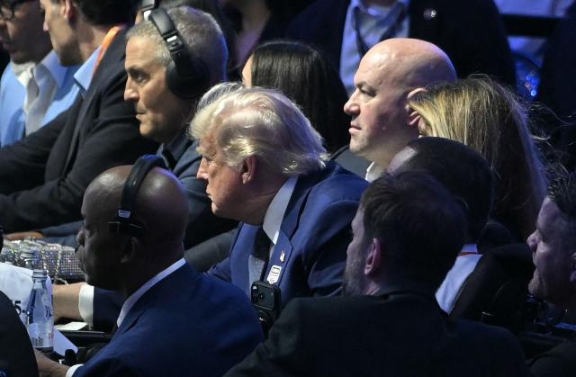 US President Donald Trump, First Lady Melania Trump and President and CEO of Ultimate Fighting Championship Dana White watch mixed martial artists Brazil's Diego Lopes and US's Steve Garcia featherweight bout during the "UFC Freedom 250" mixed martial arts event on the South Lawn of the White House in Washington, DC, June 14, 2026. (Photo by Brendan SMIALOWSKI / AFP)