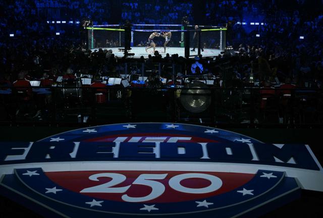 Mixed martial artists Brazil's Diego Lopes and US's Steve Garcia fight in their featherweight bout during the "UFC Freedom 250" mixed martial arts event on the South Lawn of the White House in Washington, DC, June 14, 2026. (Photo by Brendan SMIALOWSKI / AFP)