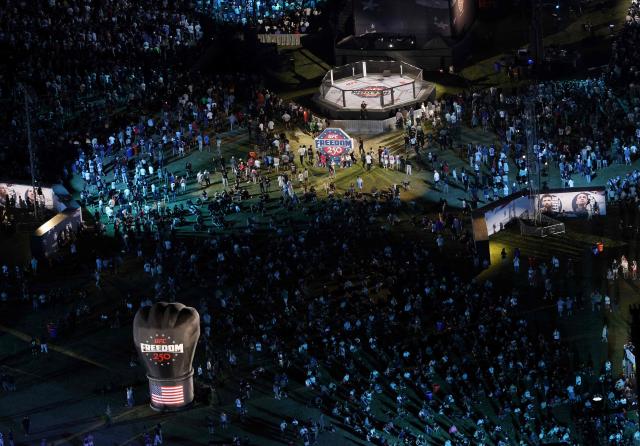 Fans gather at the UFC Freedom 250 Fan Fest on The Ellipse for the UFC Freedom 250 fight which is being held on the South Lawn of the White House, in Washington, DC, on June 14, 2026. (Photo by Win McNamee / POOL / AFP)