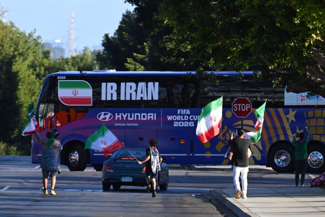 The bus carrying Iran’s national football team arrives at Carson Sports Park in Los Angeles on June 14, 2026, on the eve of the 2026 World Cup football match between Iran and New Zealand. (Photo by Patrick T. FALLON / AFP)