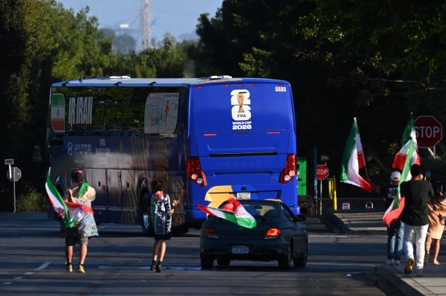 The bus carrying Iran’s national football team arrives at Carson Sports Park in Los Angeles on June 14, 2026, on the eve of the 2026 World Cup football match between Iran and New Zealand. (Photo by Patrick T. FALLON / AFP)