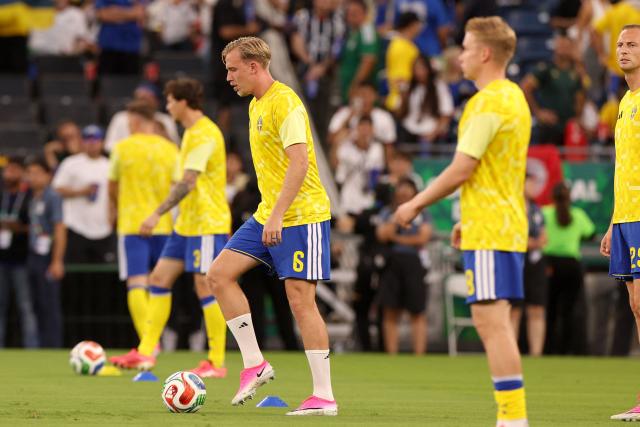 Sweden's defender #06 Herman Johansson controls the ball during the warm-up ahead of the 2026 World Cup Group F football match between Sweden and Tunisia at the Monterrey Stadium in Guadalupe on June 14, 2026.  (Photo by Julio Cesar AGUILAR / AFP)