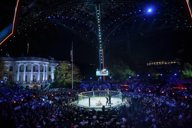 US mixed martial artist Bo Nickal fights US mixed martial artist Kyle Daukaus during their middleweight bout at UFC Freedom 250 on the South Lawn of the White House in Washington, DC, on June 14, 2026. (Photo by Evan Vucci / POOL / AFP)
